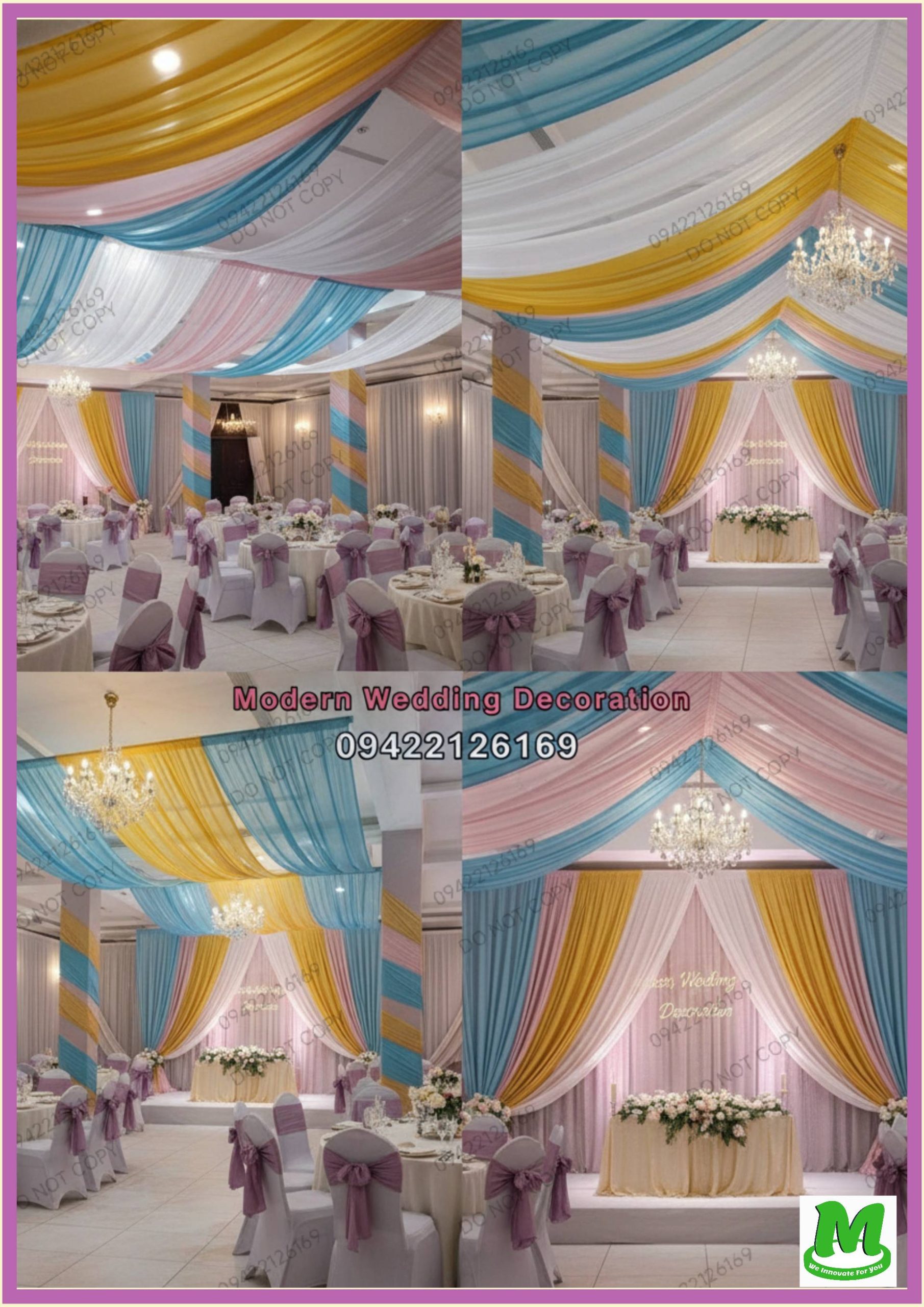 Wedding Venue Ceiling Fabric Draping, Wedding Lighting and Fabric Decoration